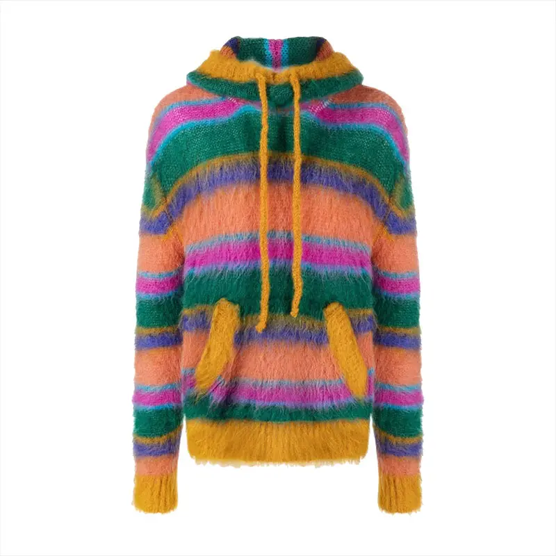HUIFAN Mohair Knitted Hooded Warm Sweater Man's Clothes Top Pullover Striped Knitwear Fuzzy Jumper Designer Knitted Sweater Men