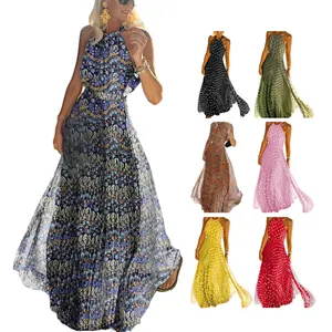 Factory Direct Sale Halter Neck Sleeveless Tall Ladies Smart Casual Chiffon Print Maxi Dress