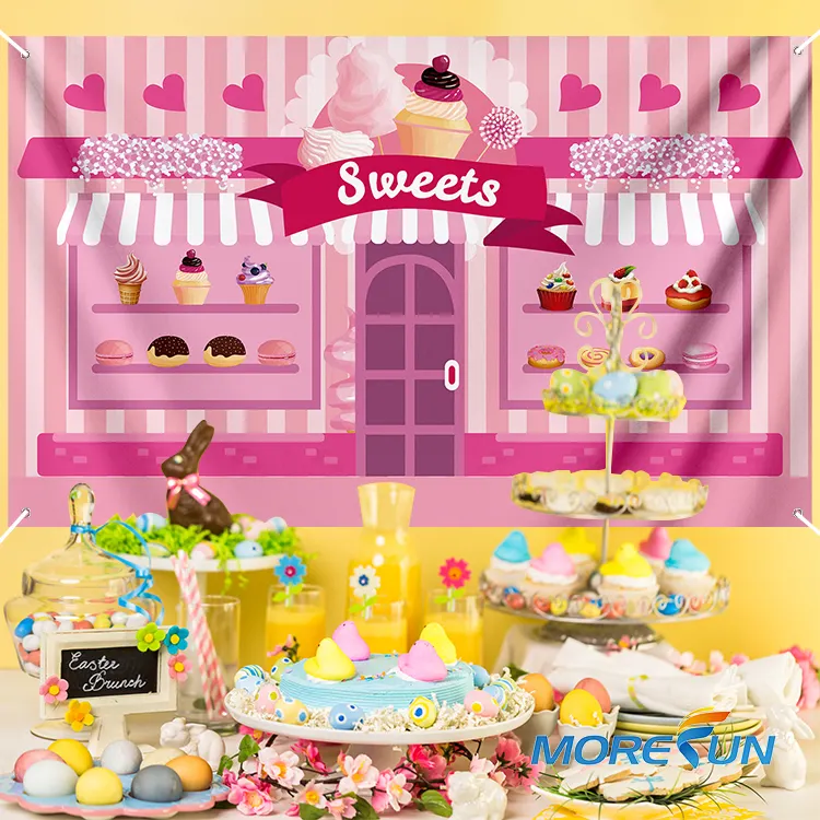 Fondo Rosa dulce Shoppe postre para niñas fondo de fotografía de cumpleaños niños fiesta Banner Baby Shower pastel Decoración de mesa