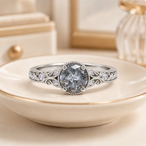 Bague en argent sterling 925 vintage avec diamant naturel poivre et sel, coupe ovale, motif filigrane en vigne, style Art Déco, pour fiançailles, mariage et fêtes - Product Image 2