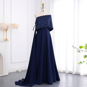 Elegante <span class=keywords><strong>vestido</strong></span> de noche árabe <span class=keywords><strong>azul</strong></span> <span class=keywords><strong>marino</strong></span> con hombros descubiertos con capa Dubai para mujer vestidos formales de fiesta de boda - Product Image 3