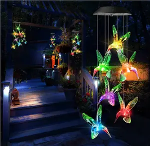 Sinal de vento solar, cor mudando sinos de vento beija-flor, luzes decorativas para jardim, festas, decoração de quintal, à prova d'água