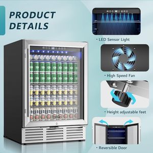 Refrigerador de Bebidas EUHOMY de 24 Pulgadas, Bajo Mostrador, Puerta de Vidrio, Nevera para Cerveza con Capacidad para 180 Latas, Enfriador de Acero Inoxidable - Product Image 5
