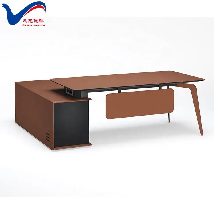 Table de patron de bureau en cuir de selle avec serrure intelligente d'empreintes digitales bureau en forme de L MDF meubles de bureau bureau de direction
