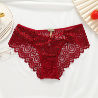 Culottes de bikini en dentelle florale pour femmes, culottes transparentes en maille ajourée avec nœud en satin, sous-vêtements transparents taille basse pour femmes