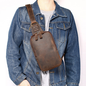 Vintage Genuine Leather Men's Chest <b>Bag</b> Dark Brown Coffee Color Top Grain Cowhide Handmade Double Zipper Crossbody - Product Image 1