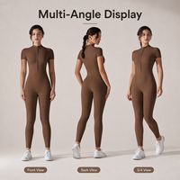 Nouveau body uni, très extensible, à manches courtes et fermeture éclair, idéal pour le fitness, la course à pied et le yoga, avec jambes courtes.
