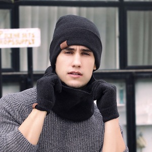 Men's Winter Hat Scarf <b>Gloves</b> Set Heather Gray Knitted <b>Wool</b> Three Piece Warm Outdoor Wear - Product Image 2
