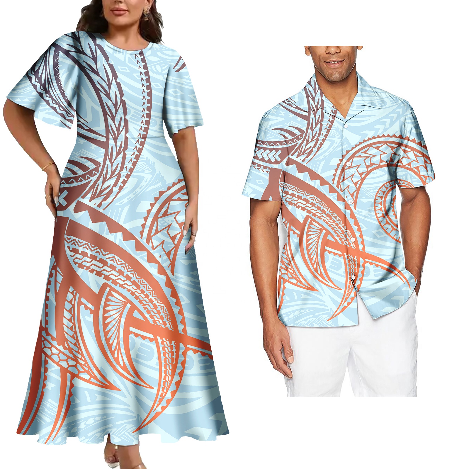 Matching Outfits for Couples Polynesian Tribal Print Set