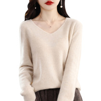 Suéter de Punto sin Costuras 100% Lana Pura para Mujer, Primavera 2026, Cuello en V, Color Sólido, Estilo Coreano, Manga Larga