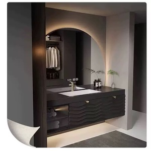 Mueble de baño moderno de lujo ligero con lavabo cerámico integrado, espejo semicircular inteligente con función antivaho. - Product Image 4