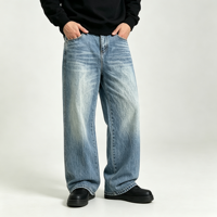 Jean en denim délavé bleu pour homme, coupe ample et large, effet usé, cinq poches, style streetwear, OEM, vente en gros