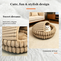 Lit pour chat en fausse fourrure de lapin côtelée et moelleuse, semi-fermé, type grotte à capuche, chaud, antidérapant, lavable, vente en gros