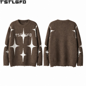 Hip Hop Distressed Knit Jumper <b>Brown</b> Crew Neck Contrast Graphic Ribbed Hem Long Sleeve Streetwear Custom Wholesale Factory - Product Image 1