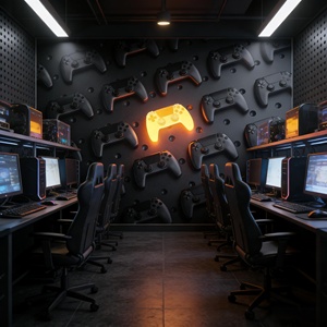 Papier Peint Mural 3D Lumineux pour Salle de Jeu et Cybercafé, Motif Manettes de Jeu Noires Multiples - Product Image 3