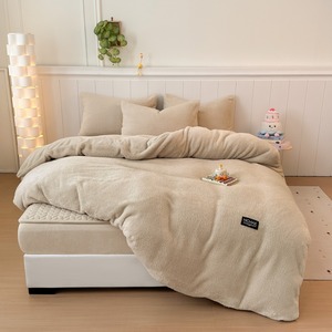 Parure de lit 4 pièces en velours de lait polaire <span class=keywords><strong>demi</strong></span>-face avec drap-housse matelassé, gris froid uni, doux et chaud - Product Image 2