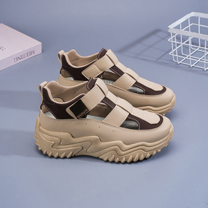 Chunky Shoes Women Breathable Hollow Open Toe <b>Velcro</b> <b>Strap</b> Thick Sole Casual Dad Shoes Khaki YDZ431 - Product Image 4