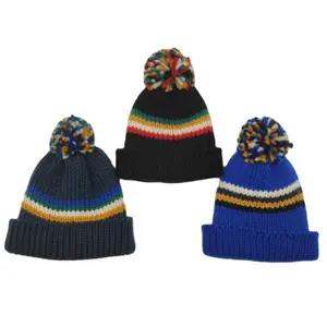 Bere şapkalar ponpon kış çocuk şapka örme çocuklar erkek bebek örme şapka akrilik kış şerit ponpon yüksek kaliteli
