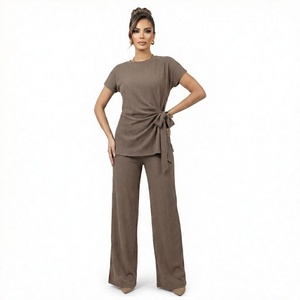 <b>Women</b> Ribbed Knit Tracksuit Two Piece <b>Lounge</b> Set Loose Short Sleeve Wide Leg <b>Pants</b> Spring Casual Wear - Product Image 4