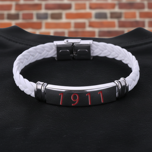 Hochwertiger Edelstahl-Armreif mit Lederdetails im griechischen Kappa-<span class=keywords><strong>KAY</strong></span>-Stil, rot-weiß getönt, mit 1911-Symbol für Bruderschaften - Product Image 6