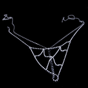 Ensemble soutien-gorge et culotte <span class=keywords><strong>sexy</strong></span> de luxe simple en maille ajourée avec strass et chaîne de poitrine pour femme - Product Image 4
