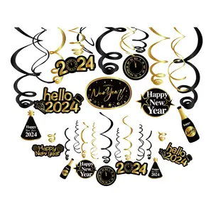 Huancai 30 PCS Happy New Year Party Hanging Decorations Hello 2024 Black Gold PVC Foil Swirls for New Year Eve Party Supplies