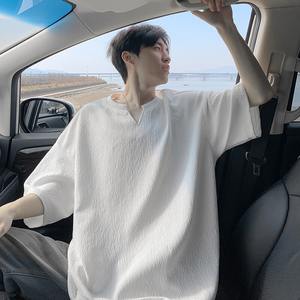 Camiseta de Manga Corta con Cuello Redondo, Texturizada, Lisa, Vintage, Transpirable para Hombre, Camiseta Base de Seda de Hielo Delgada para Verano, de Alta Gama - Product Image 2