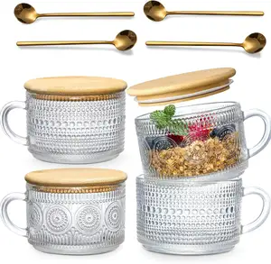 2024 4pcs Set Cute 14oz Clear Embossed Glass Cups Vintage Iced Coffee Mugs Overnight Oats Containers with Bamboo Lids and Spoons