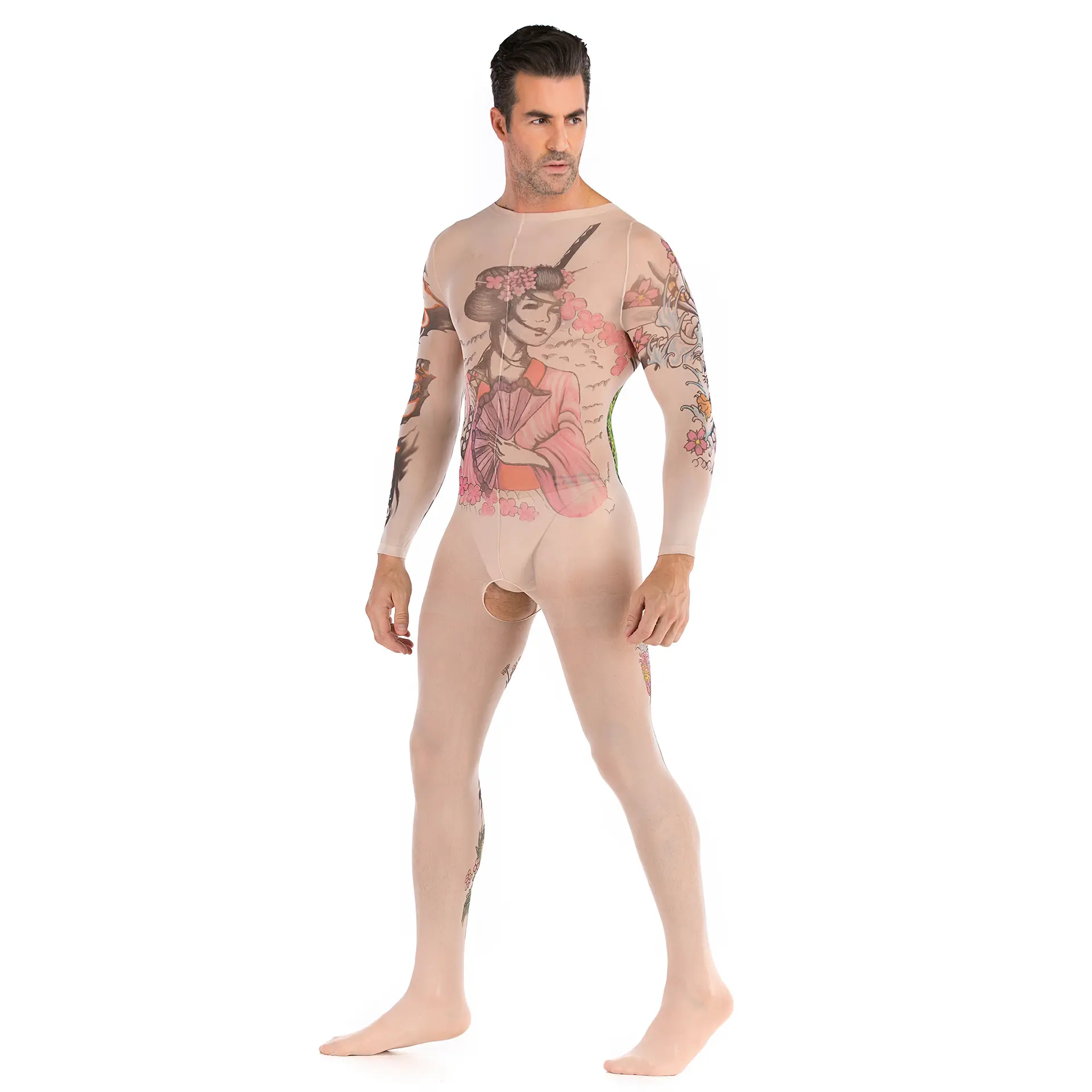 Cross-border Explosions Men's Sex Silk Stockings Sexy Tattoo Totem Long Sleeve Open Gear Siamese Underwear