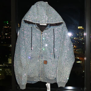 Chaqueta de Mezclilla con Cierre, Estilo Urbano, Lavado Ácido Personalizado, Desgastada, Decolorada por el Sol, con Apliques de Lentejuelas y Pedrería, 100% Algodón, Sudadera con Capucha para Hombre - Product Image 3