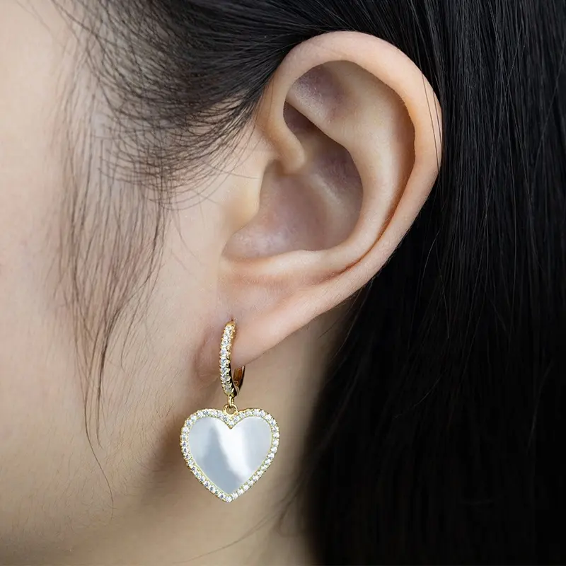 925 Sterling Silver Women Jewelry Customized Gold Plated 18K 14K Zircon Hoop Mother of Pearl Heart Earring