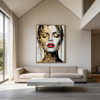 Peinture à l'huile sur toile abstraite moderne originale, faite à la main, avec feuille d'or, portrait, taille personnalisée, cadre en bois, art décoratif pour salon