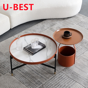 Table Basse U-BEST Nordic Light Luxury en Cuir et Marbre, Style Italien Créatif, Petite Table d'Appoint Rétro avec Surface en Marbre et Piétement Doré - Product Image 5