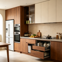 Système d'armoires en contreplaqué sur mesure moderne, écologique, durable et imperméable pour cuisines et rangements de villas et appartements