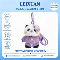 Porte-clés en peluche panda doux et moelleux, fait main, avec ornement floral au crochet, motif cœur en tricot violet, collection décorative violette