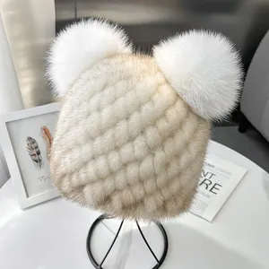 Chapeau tricoté en vraie fourrure de vison chaud pour <span class=keywords><strong>femme</strong></span>, <span class=keywords><strong>bonnet</strong></span> d'hiver à boutons, protection des oreilles, rayé jacquard, 100% fourrure de vison - Product Image 6