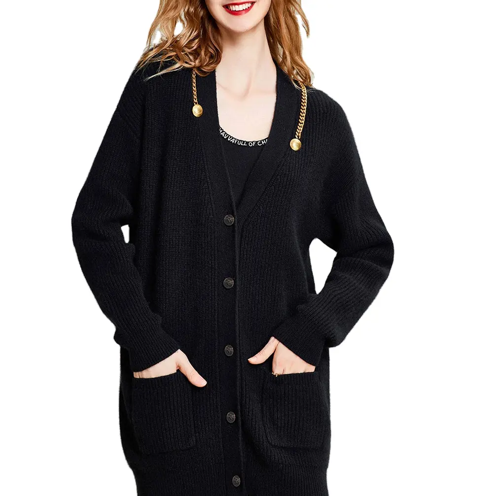 Aumtum and winter women's black high quality knitted cardigan sweater