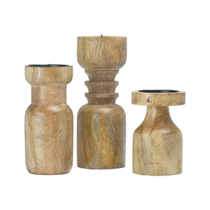 Hand <b>Carved</b> Wooden <b>Candle</b> Pillar Holder in set of 3 Sizes - Product Image 2
