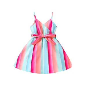 2023 ragazze estate nuovi bambini indossano pizzo Halter Frock Ruffles senza maniche gonna colorata a righe vestito per bambini