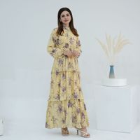 Modeste turquie élégante fête Banquet imprimé Floral Abaya robe Premium mousseline de soie longue Maxi gâteau robes pour les femmes L481