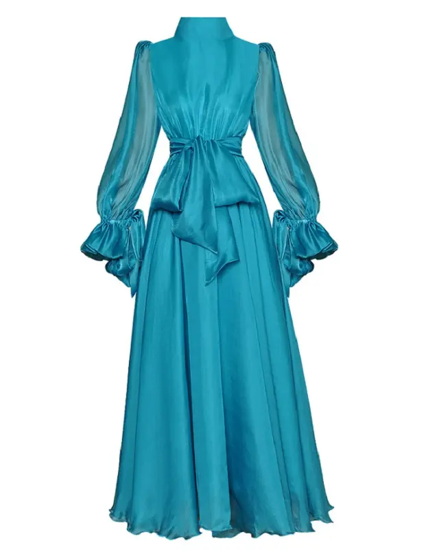 Blue Long Dress 2022 Autumn Winter Party Evening Women Stand Neck Bow Deco Long Sleeve Elegant Long Blue Maxi Dress Festival