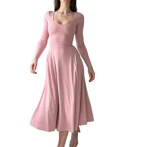 Clothing Manufacturers Custom Women'S Autumn New French Elegant U-Neck Iris Midi Dress Dress Loose Thin Solid Long Sleeve Dress