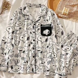 Conjunto de <span class=keywords><strong>Pijama</strong></span> para <span class=keywords><strong>Mujer</strong></span> con Estampado de <span class=keywords><strong>Snoopy</strong></span>, Camisa de Manga Larga con Botones y Cuello Solapa, Pantalones con Cintura Elástica, Ropa de Dormir Suave e Informal para Verano, ODM - Product Image 1