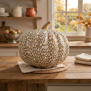 Vase à fleurs en céramique artisanale bohème en forme de citrouille, blanc mat avec feuille d'or, décoration d'intérieur - Product Image 2