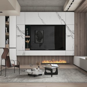 Balom Customized Modern Living Room Recessed Display <strong>TV</strong> Stand Marble Glass Shelves Matte White Panels Blue Accent <strong>Shelving</strong> <strong>Wall</strong> - Product Image 4