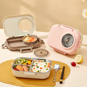 Portable Modern Stainless Steel Bento <b>Box</b> 3 Compartments Dual Tier <b>Stackable</b> Large Capacity Microwave Safe Plastic Lid Students - Product Image 3