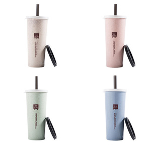 Wholesale Portable 15 oz <b>Drinking</b> Cups Wheat <b>Straw</b> Water <b>Bottle</b> with Lid & <b>Straws</b> for Coffee Milk Drinks Smoothies - Product Image 4
