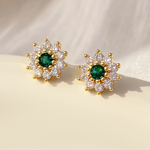 Fashion <b>Green</b> Gemstone Stud <b>Earrings</b> 18K Gold Plated Brass Sunflower Design CZ Crystal Bridal <b>Earrings</b> for Women - Product Image 1