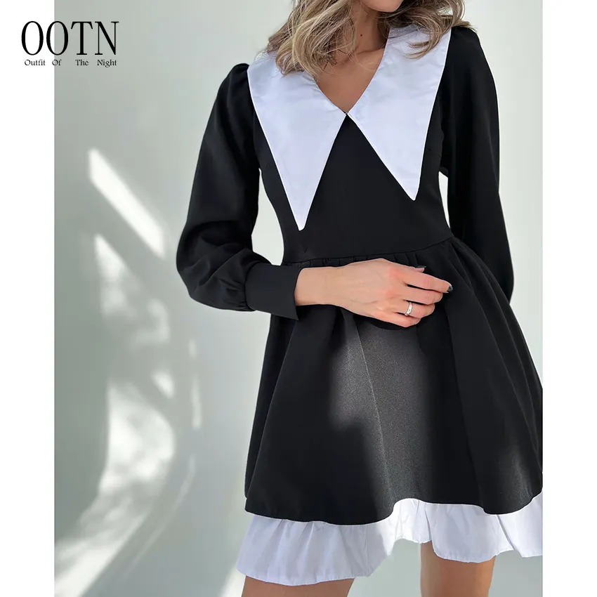 OOTN High Street 2022 Splicing Frill Dress Lady Fashion Patchwork Women Ruffle Dress Puff Sleeve Party Chic Black Dress