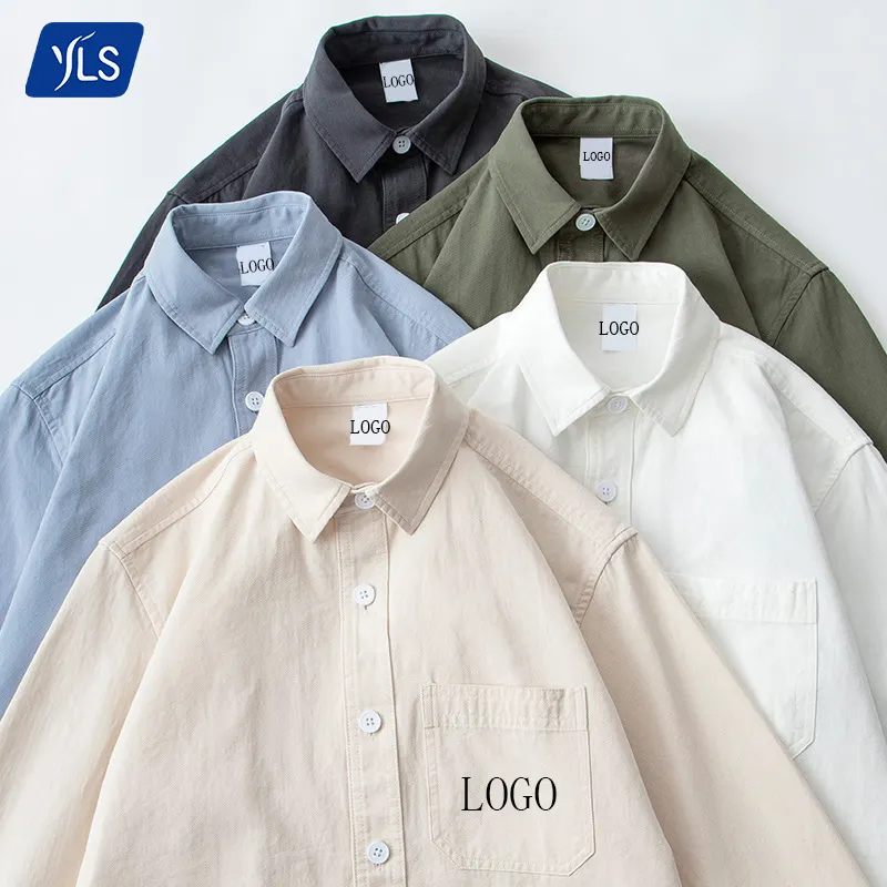 YLS erkek toptan moda Casual gömlek % 100 pamuk Slim Fit batı düz temel cep uzun kollu gömlek özel Logo